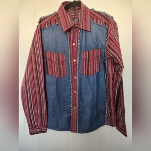 Pavi Italy Striped Denim and Red Button-Up Shirt Size L